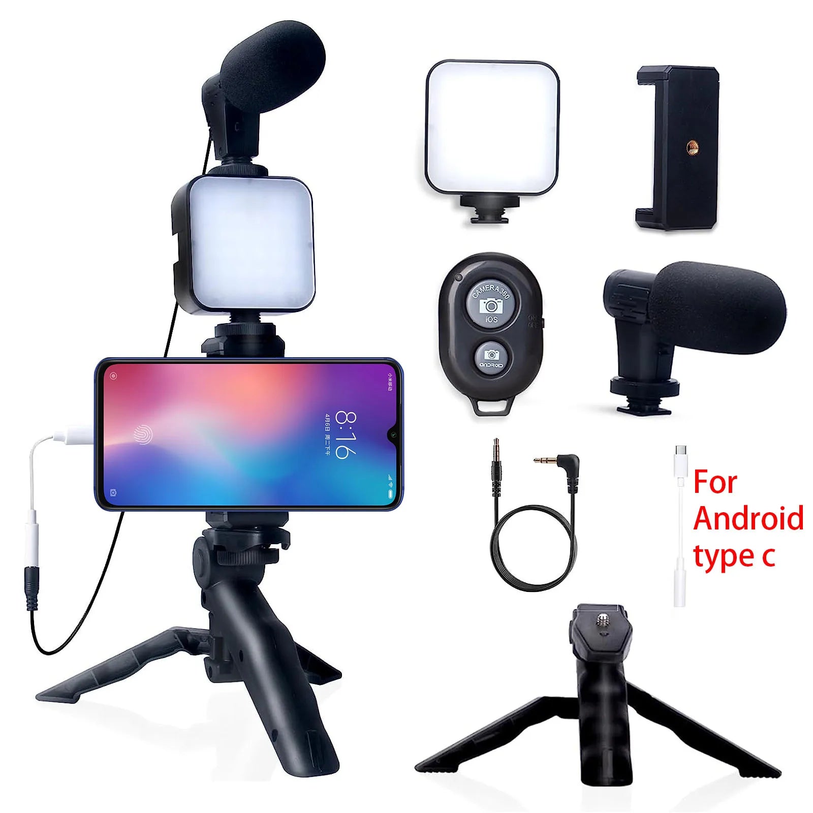 Smartphone Vlogging Kit for Iphone Android with Tripod Mini Microphone Starter Vlog Kit for Live Stream Video Youtube